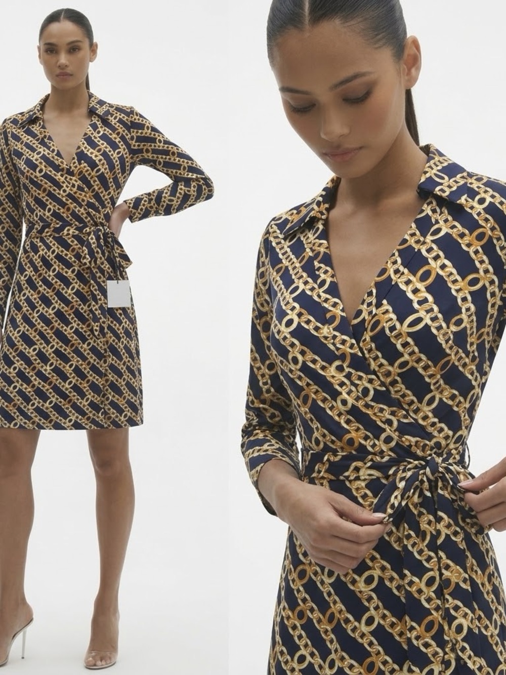 NWT Calvin Klein Navy Wrap Dress Gold Chain Print Long Sleeve Collar Size 14